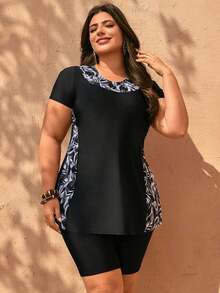 Swim  Conjunto de 2 piezas de traje de baño modesto y estilizador para mujer talla grande, con estampado de hojas en blanco y negro aleatorio y parches de unicolor, cuello alto, cintura alta, shorts y top de manga corta, para vacaciones y uso diario casual - Negro - Ver 5