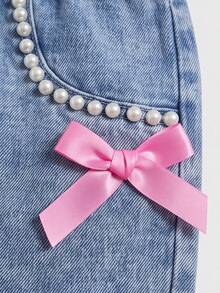 1pc Girls Sweet Princess Style Pink Bow & Pearl Decor Denim Shorts, Spring/Summer - Medium Wash - View 4