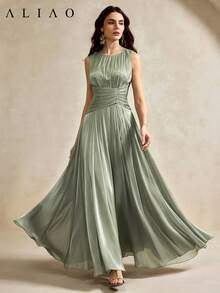 ALIAO Summer Round Neck Sleeveless Shiny Long Dress, Waist Pleated Design, Elegant Versatile Long Dress, Suitable For Commuting, Dating And Parties - Gray green - View 8