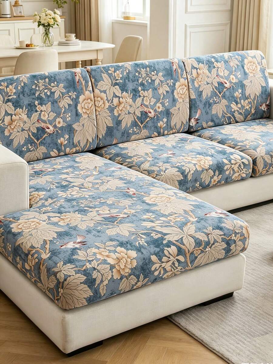 1pc Printed Stretch Sofa Seat Cushion Cover, L-Shaped Sofa Cover, Separate Sofa Back Cushion Cover, Furniture Protector, Stretch Sofa Seat Pad Cover - Navy Blue - View 1