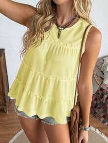 Chaleco holgado de mujer con cuello redondo y ribete de volantes en unicolor, adecuado para vacaciones, oficina, uso diario, estilo occidental, estilo bohemio, babydoll - Amarillo - Ver 5