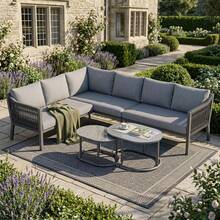 Conjunto de comedor de jardín, muebles de patio, 6 personas, configuración en esquina, hierro galvanizado, tablero de cristal, cuerda trenzada a mano, incluye dos mesas de centro y un sofá, gris - Gris - Ver 3