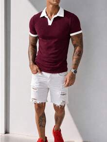 Men's Ribbed Cotton Polo Shirt, Slim Fit, Collar, Brazilian Style, Sporty, Casual, Premium Comfort, World Cup, Summer 2026 Fashion - POLO 男士葡萄酒 - 查看 2