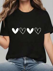 2026 Men's Trousers White T-Shirt With Heart Graphic Print, Casual Loose Fit, Women's Top, 220g, Men's Shirts - 黑色 - 查看 5