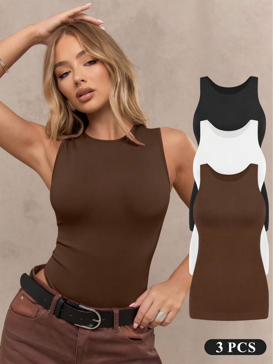 Women Shapewear Tummy Control Tank Tops Seamless Compression Tops Slimming Camisole - 黑色/白色/棕色 - 查看 1