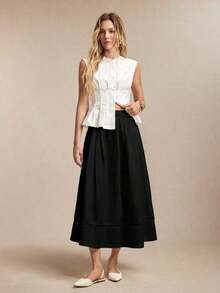 Falda de mujer con diseño de parche, bolsillo lateral y dobladillo de encaje hueco, versátil para oficina, formal, casual y romántica para el transporte urbano, nueva colección primavera/verano - Negro - Ver 2