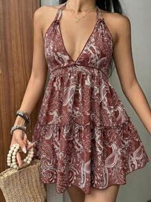 Vestido bohemio con estampado, sin espalda, con tirantes de lazo y moño, para uso casual, vacaciones y uso diario, primavera/verano para mujer - Rojo violeta - Ver 7