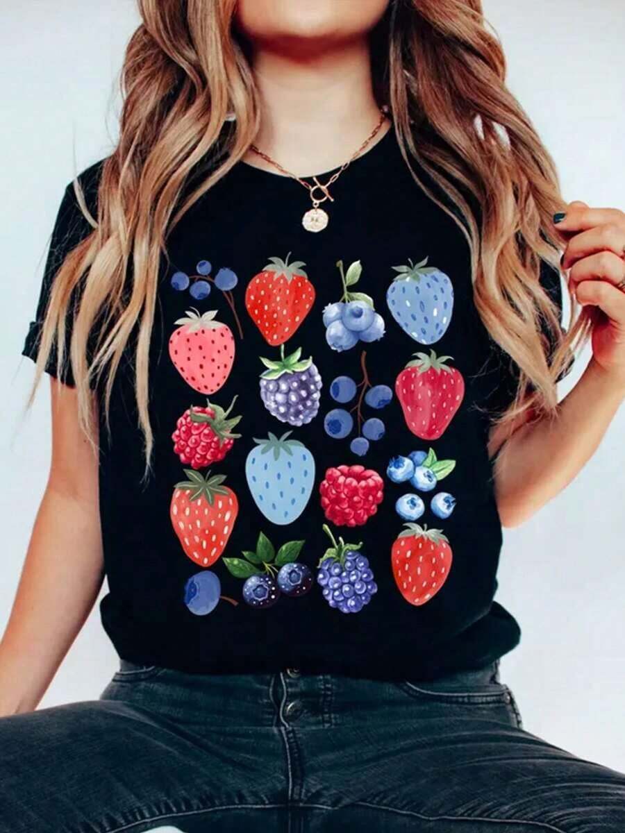 Women's T-Shirt With Tropical Fruit And Strawberry Print, Featuring A Strawberry Design And Strawberry Lifestyle: Casual Short-Sleeved Summer T-Shirt With A Round Neck, Soft And Breathable, White Strawberry Design, Loose And Comfortable For Everyday Wear, Machine Washable, Suitable For The Beach And Strawberry-Themed Clothing - Offers Fun Clothing For Strawberry Lovers - 1 - 查看 1