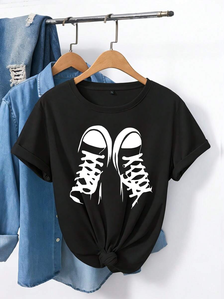 Camiseta con Estampado de Huella de Zapato - Negro - Ver 1