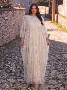 Voworia Plus Size Women's Kaftan Dress - Elegant Abaya Robe, Flowing Long Style, Luxury Vacations And Formal Occasions Party Wedding - Champagne - View 5