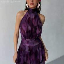 MewMuse.  Nuevo vestido mini de primavera/verano sin mangas con cuello alto, con estampado de cepillo, malla con recogido, dobladillo con volantes y espalda abierta, adecuado para vacaciones, citas, tardes de té, vacaciones, festivales de música, estilo bohemio - Morado - Ver 1
