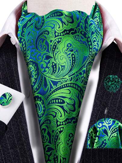 Fashion Green Vintage Paisley Jacquard Suit Accessories Set, Scarf Pocket Square Boutonniere Random Cufflinks For Men Formal Wear