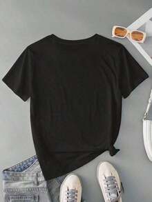 Women's Casual Short-Sleeved T-Shirt With A Round Neck And Letter Print, 100% Cotton. Suitable As A Gift. Women's T-Shirt. Blouses > Elegant. Boho Chic. Soft, Breathable, And Comfortable Women's Top, Ideal For Spring, Summer, And Autumn, Perfect For Vacations, Travel, And Everyday Wear. - 黑色 - 查看 2