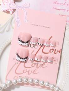 24pcs Polka Dot Lace French Manicure Nail Stickers Set, Includes 1 Nail File + Gel, Cute Ins Style False Nails Suitable For Summer Beach, Daily Commute, Date, Students & Beauty Lovers - Black and White - View 4