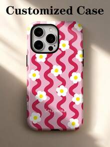 1pc Fresh Sweet Y2K Girly Style Wavy Striped Daisy DIY Phone Case Color Personalized Signature Customized 2-In-1 Glossy Film Full Coverage Hard Shell Protective Case Compatible With IPhone 11/12/13/14/15/16 17 Pro Max - Multicolor - View 3