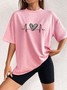 The Hottest Item Of The Summer: Pure Cotton T-Shirt, Crew Neck T-Shirt With Heart Print, Graphic Tees With Cheetah Print For Women, Stylish Pure Cotton T-Shirt. Stylish, Popular, Party T-Shirt. - 粉色 - 查看 4