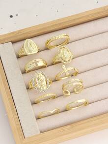 Set de 10 anillos apilables con diseño de cruz sencilla y Virgen María hueca con patrón de ola, estilo Ins, para mujeres - Dorado - Ver 2