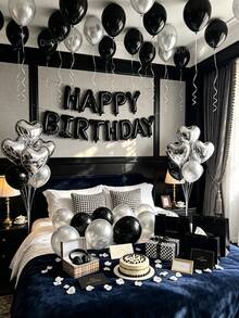 Kit de arco de globos negro y plateado de 11/60/65 piezas con 500 pétalos de rosa blanca, letras de lámina Happy Birthday de 16", globo de lámina en forma de corazón de 18", globos de látex de 10" para fiesta de cumpleaños, aniversario, decoración romántica, sorpresa de hotel y fondo de fotomatón - Negro y plata - Ver 1
