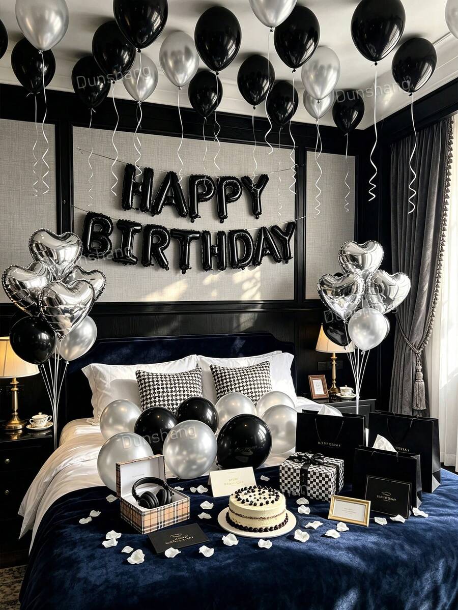 Kit de arco de globos negro y plateado de 11/60/65 piezas con 500 pétalos de rosa blanca, letras de lámina Happy Birthday de 16", globo de lámina en forma de corazón de 18", globos de látex de 10" para fiesta de cumpleaños, aniversario, decoración romántica, sorpresa de hotel y fondo de fotomatón - Negro y plata - Ver 1