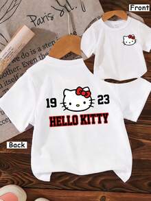 Sanrio Hello Kitty Cute Kids T-Shirt With Dual Print, Crew Neck Short-Sleeve Toddler Top For Boys & Girls Ages 3-7, Adorable 1923 Number & Kitty Print, Fashionable Breathable Skin-Friendly Fabric, Ideal For Daily Casual Wear Birthday Gift Festival Outfit - 白色 - 查看 1