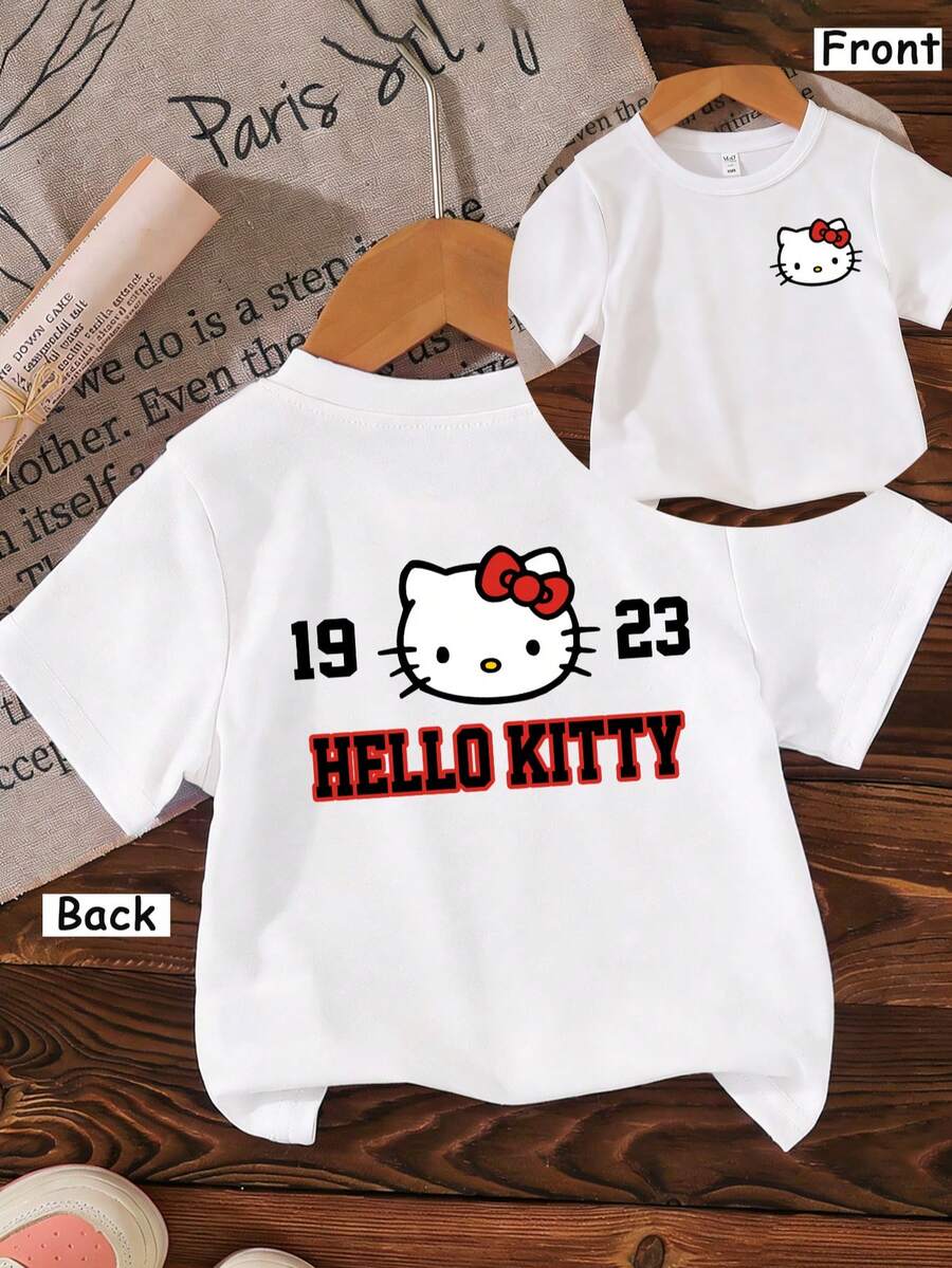 Sanrio Hello Kitty Cute Kids T-Shirt With Dual Print, Crew Neck Short-Sleeve Toddler Top For Boys & Girls Ages 3-7, Adorable 1923 Number & Kitty Print, Fashionable Breathable Skin-Friendly Fabric, Ideal For Daily Casual Wear Birthday Gift Festival Outfit - 白色 - 查看 1