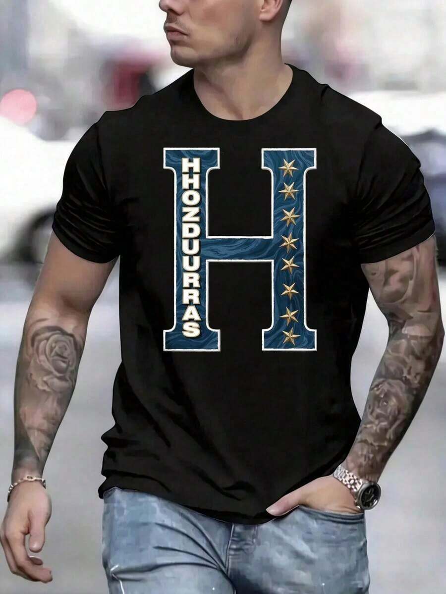 New Unisex, Modern, And Casual Black Cotton T-Shirt For Men, Featuring A Sporty "Pride Of Honduras" Design, A Fun Print, A Crew Neck, And Short Sleeves. Suitable For: Sporting Events, Holiday Parties, Outings, Sports, And Other Holiday Gifts. - 黑色 - 查看 1