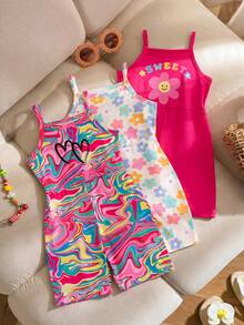 3pcs/Set Young Girls' Summer New Fashionable Cute Colorful Dopamine Floral Full Print Tie Dye Letter Print Casual Camisole Jumpsuit 3-Piece Outfit, Suitable For Outdoor Wear - Multicolor - View 2