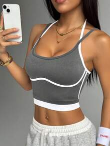 Women's High Elasticity Nylon Sports Vest - Breathable Contrast Color Fitness Top, Seamless Splicing Design, Suitable For Yoga, Pilates, Daily Fitness - Shaping Style And Beautiful Back Support, Simple Style, Comfortable Fit, Pressure-Free Support - Grey - View 3
