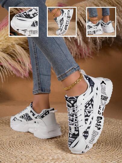 Graffiti Print Sneakers, Thick Sole Anti-Slip Wear-Resistant Casual Chunky Sneakers