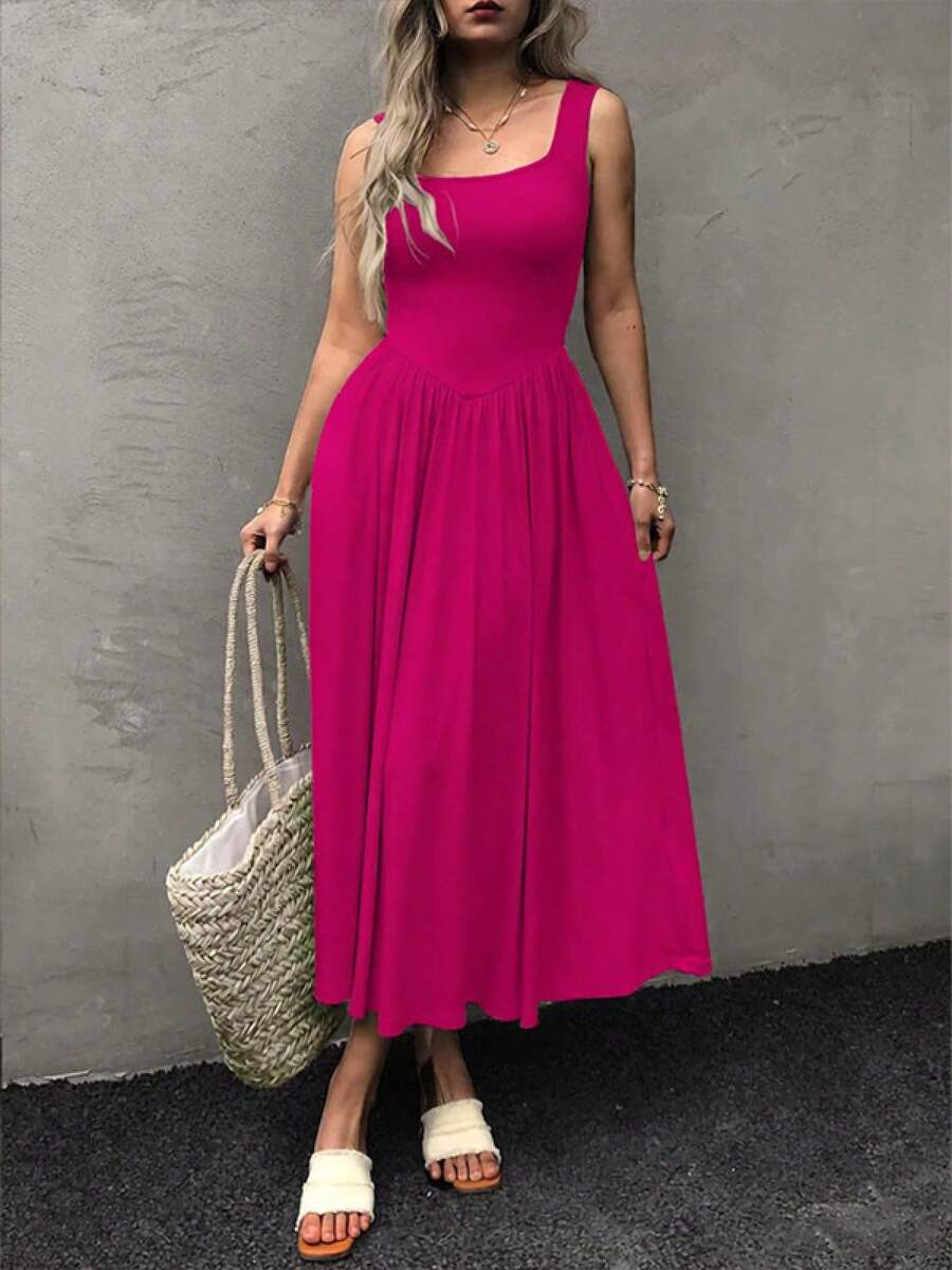 Women's Square Neck Sleeveless A-Line Maxi Dress, Casual Solid Color Pleated Waist Long Dress, 2026 Summer Basic Dress With Pocket - 玫紅色 - 查看 1