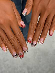 10pcs Y2K Nails Square Press On Nails Set - Handcrafted, Pink Nails, Black Nails, Red And White French Tip Nails, Handmade 3D Cherry And 3D Billiards Nails Art, Hand Drawn Black Polka Dot And Leopard Print Design, Aesthetic - Multicolor - View 3