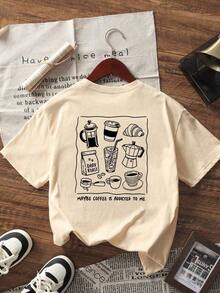 The Hottest Summer Item: A Pure Cotton Crew Neck T-Shirt Printed With Breakfast Food And Drinks. Its Relaxed, Casual Style Is Versatile And Perfect For Everyday Wear. A Stylish And Popular Party T-Shirt. - 杏色 - 查看 2