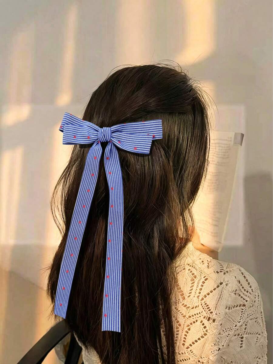 1個女款清新藍白條紋波點長緞帶蝴蝶結髮夾，溫柔女孩風髮飾，百搭日常佩戴，髮梳髮夾