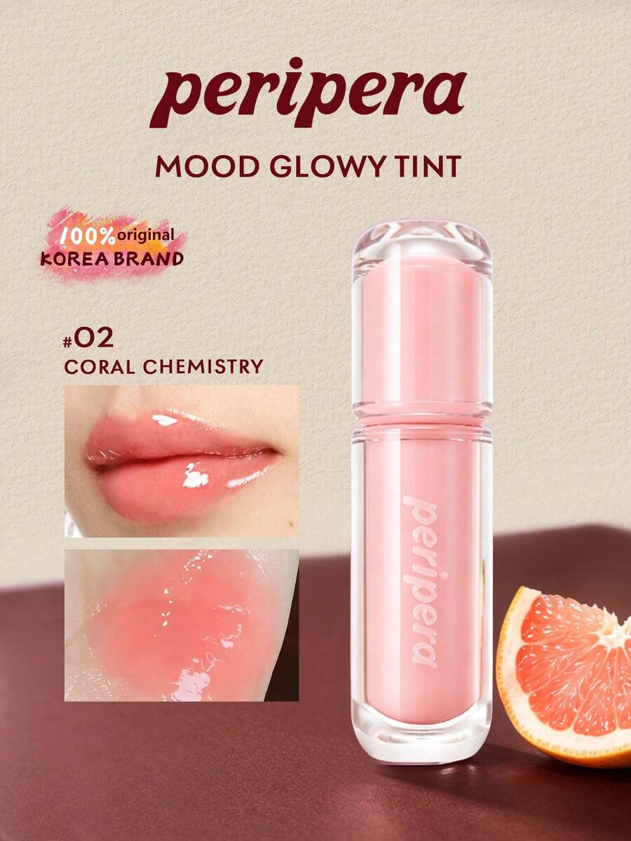 Peripera Mood Glowy Tint 玻璃感唇釉 02，高光澤鏡面水感妝效，不黏膩，果汁感，保濕輕盈，持久凝膠質地，適合女性日常使用，K-Beauty 韓系彩妝，Olive Young，禮品，4g/0.14 Oz