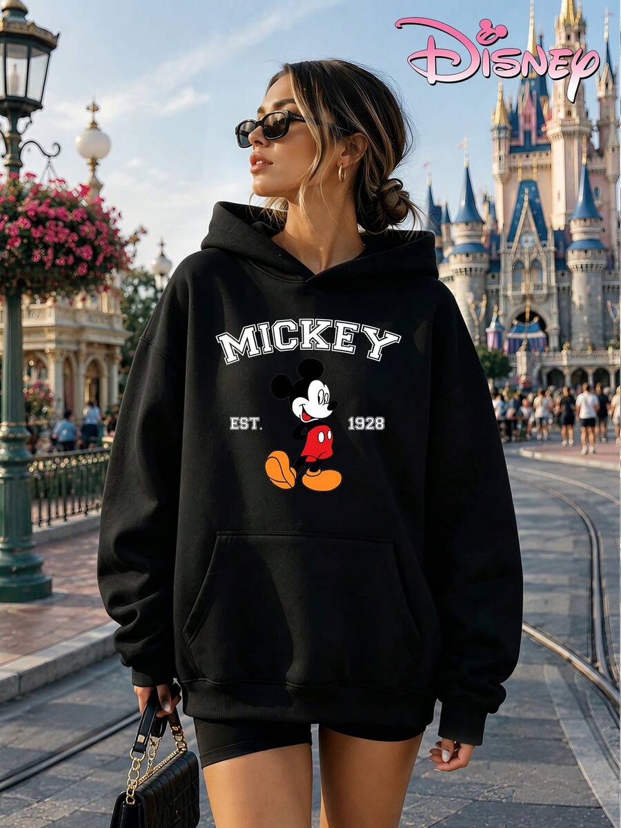 Disney Two-Piece Sweatshirt Set, Women's Loose-Fitting Hooded Sweatshirt, Classic Mickey Mouse 1928 Print Design, Retro American Style, Casual, Comfortable And Versatile, Suitable For Various Occasions And Everyday Wear. - 黑色 - 查看 1