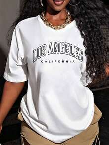 Niche Design. Women's T-Shirt Inspired By Los Angeles, California, Loose Fit, Crew Neck, Casual, With Graphic Letter Print, 100% Cotton - 白色 - 查看 1
