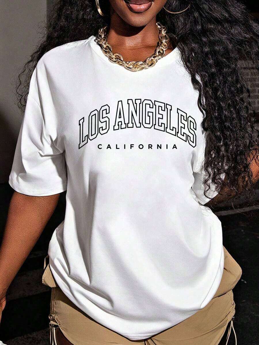 Niche Design. Women's T-Shirt Inspired By Los Angeles, California, Loose Fit, Crew Neck, Casual, With Graphic Letter Print, 100% Cotton - 白色 - 查看 1