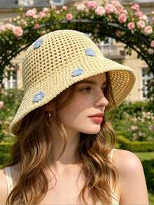 1pc Women's Fashionable Solid Color Daisy Straw Hat, Soft & Breathable, Suitable For Camping, Beach, Travel, Hiking And Various Occasions - A - View 4