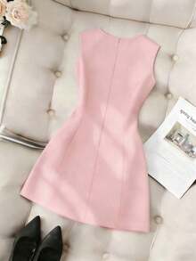 Vestido de mujer de unicolor, cuello redondo, ajustado, con lazo delantero y sin mangas - Rosa - Ver 2