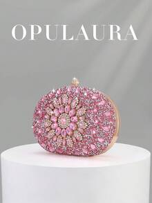 OpulAura 1件装粉色奢华闪亮水晶水钻迷你盒式手拿包，优雅闪亮钻石晚宴包，时尚派对/婚礼/正式场合手提包，带链条 - 粉色 - 查看 6
