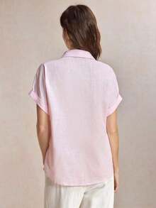 Camisa casual de mujer de unicolor con bordado, estilo retro de los 90, patrón de bordado de caballo, puños vueltos, atuendo básico diario, camisa casual de primavera/verano, adecuada para vacaciones de mujer, ocio de verano, brunch en la playa, salidas, citas, viajes al trabajo, negocios, ocasiones sociales - Rosa - Ver 3