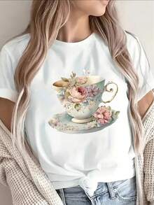 Women's Lightweight And Durable Short-Sleeved T-Shirt With A Floral Teacup Design, Perfect For Lounging At Home, Going To Cafes, Or For Outdoor Activities. Made From Soft And Comfortable Fabric, This Fashionable Women's Top Is 100% Cotton. - 白色 - 查看 1
