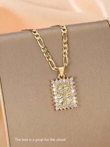 1pc Classic European & American Style Copper Inlaid Zirconia Small Vintage Gold Square Cross Jesus Protective Light Limited Edition Pendant Necklace, Suitable For Christmas/Thanksgiving/Halloween/Mother's Day/Valentine's Day Gifts For Couples/Friends/Believers, Catholic First Communion, Gifts, Daily & Holiday Wear Prayer - Yellow Gold - View 3