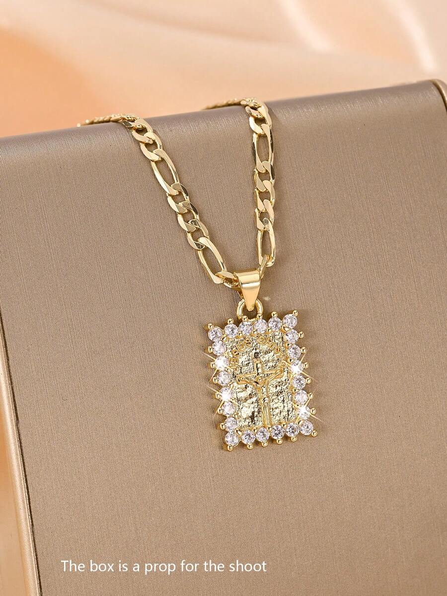 1pc Classic European & American Style Copper Inlaid Zirconia Small Vintage Gold Square Cross Jesus Protective Light Limited Edition Pendant Necklace, Suitable For Christmas/Thanksgiving/Halloween/Mother's Day/Valentine's Day Gifts For Couples/Friends/Believers, Catholic First Communion, Gifts, Daily & Holiday Wear Prayer - Yellow Gold - View 1