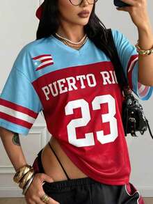 American Retro Puerto Rico "23"Oversized Sports Jersey, Red & Blue V-Neck Flag Print Women's Y2K Street Casual Summer Short Sleeve Top OOTD - Blue and Red - View 1