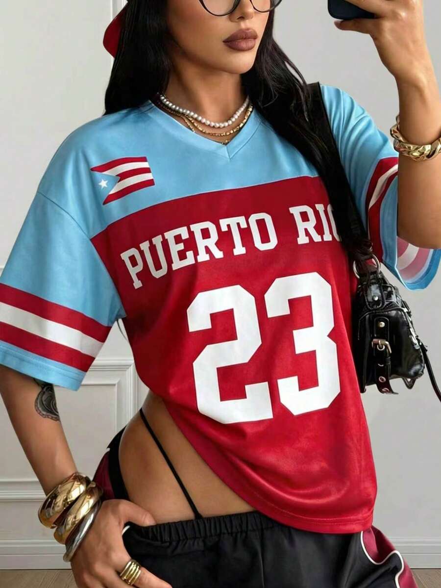 American Retro Puerto Rico "23"Oversized Sports Jersey, Red & Blue V-Neck Flag Print Women's Y2K Street Casual Summer Short Sleeve Top OOTD - Blue and Red - View 1