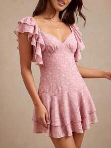 Vestido campero mini con volantes, escote en V y estampado de paisley en estilo ajustado y acampanado para el verano - Rosa vieja - Ver 11
