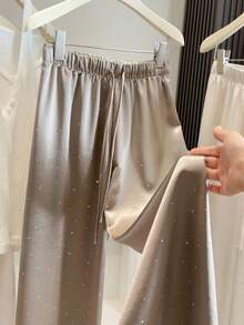 Women's High Waist Wide Leg Harem Pants - Floor Length Ice Satin Acetate Trousers, Lightweight, Suitable For Petite Height, Cool Drape, Machine Washable, For Elegant Casual, Office, Semi-Formal Wear - 香檳色 - 查看 8