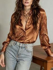 Blusa de satén con estampado de rosa naranja-turquesa clásico para mujer, diseño con cuello, elegante para el uso diario, salidas y talla grande - Naranja Quemada - Ver 4