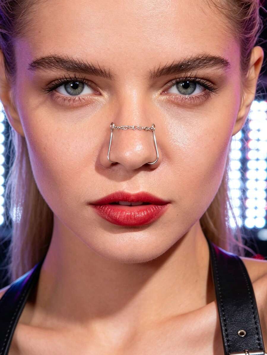 1pc Non-Pierced Double Nostril Nose Clip Chain Jewelry For Women Minimalist Metal Fake Nose Ring With Center Chain Punk Rock Y2K Street - Silver - View 1